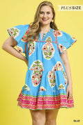 Umgee Curvy Smocked Split Neck Tiered Dress