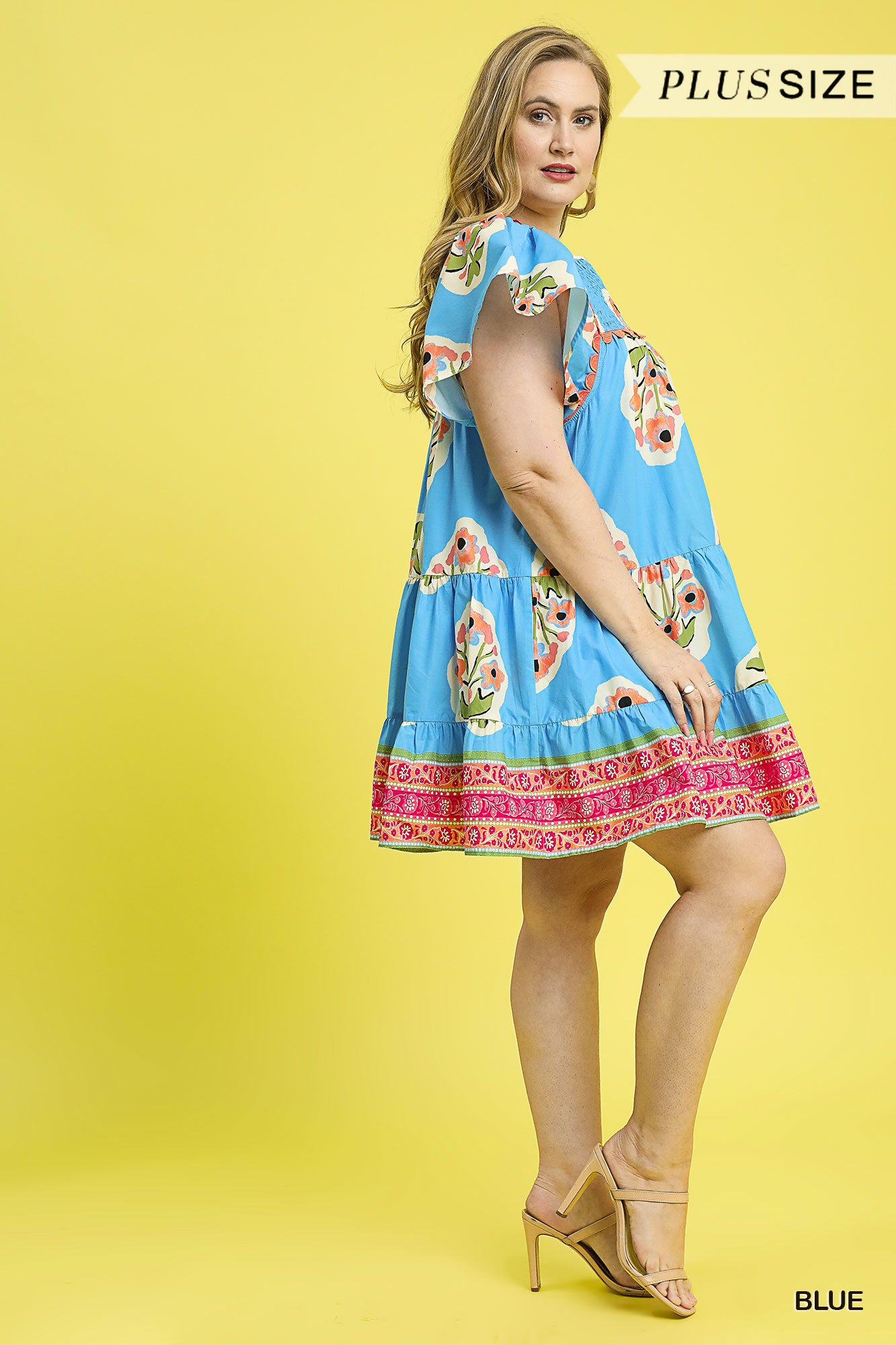 Umgee Curvy Smocked Split Neck Tiered Dress