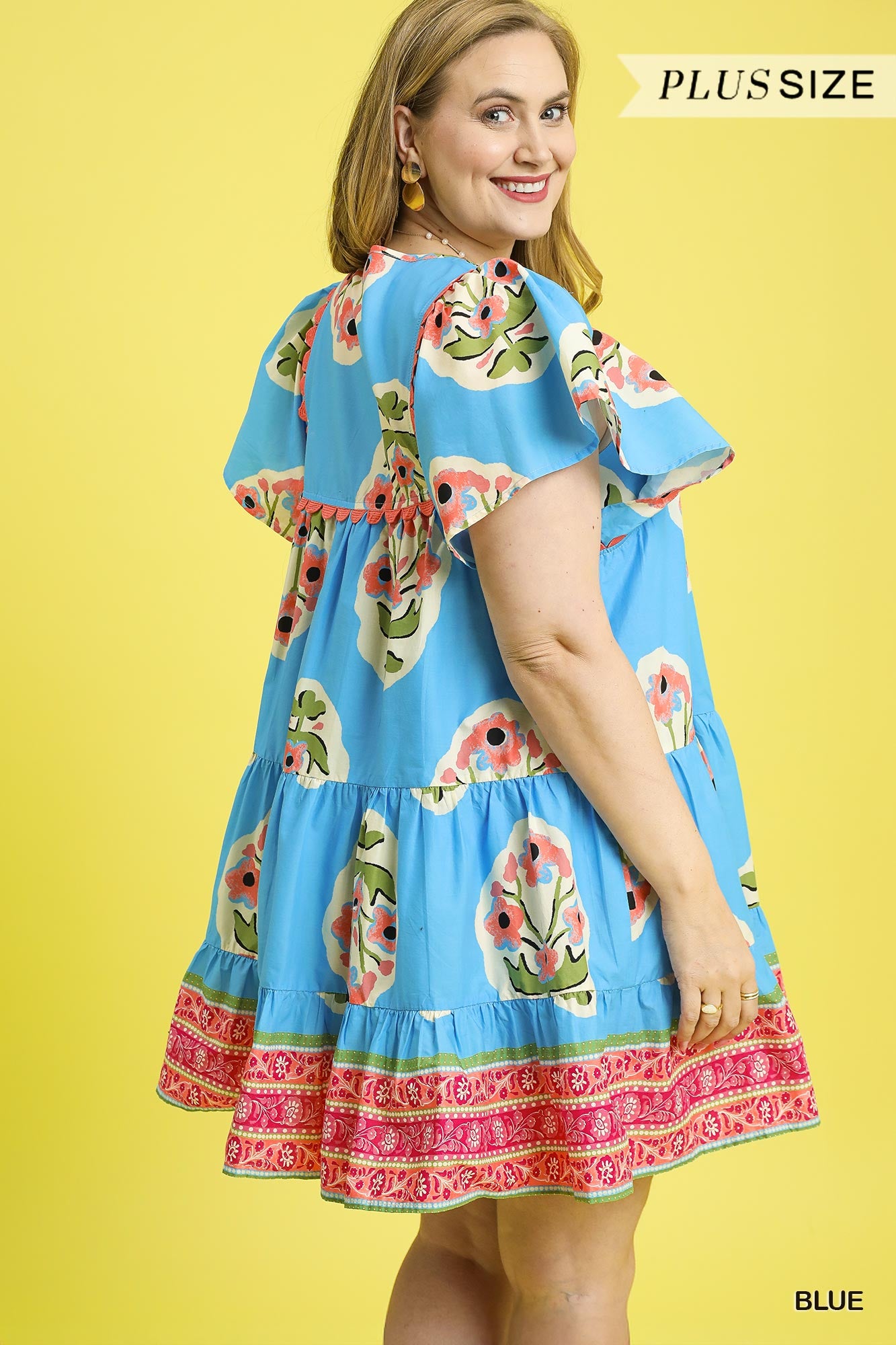 Umgee Curvy Smocked Split Neck Tiered Dress