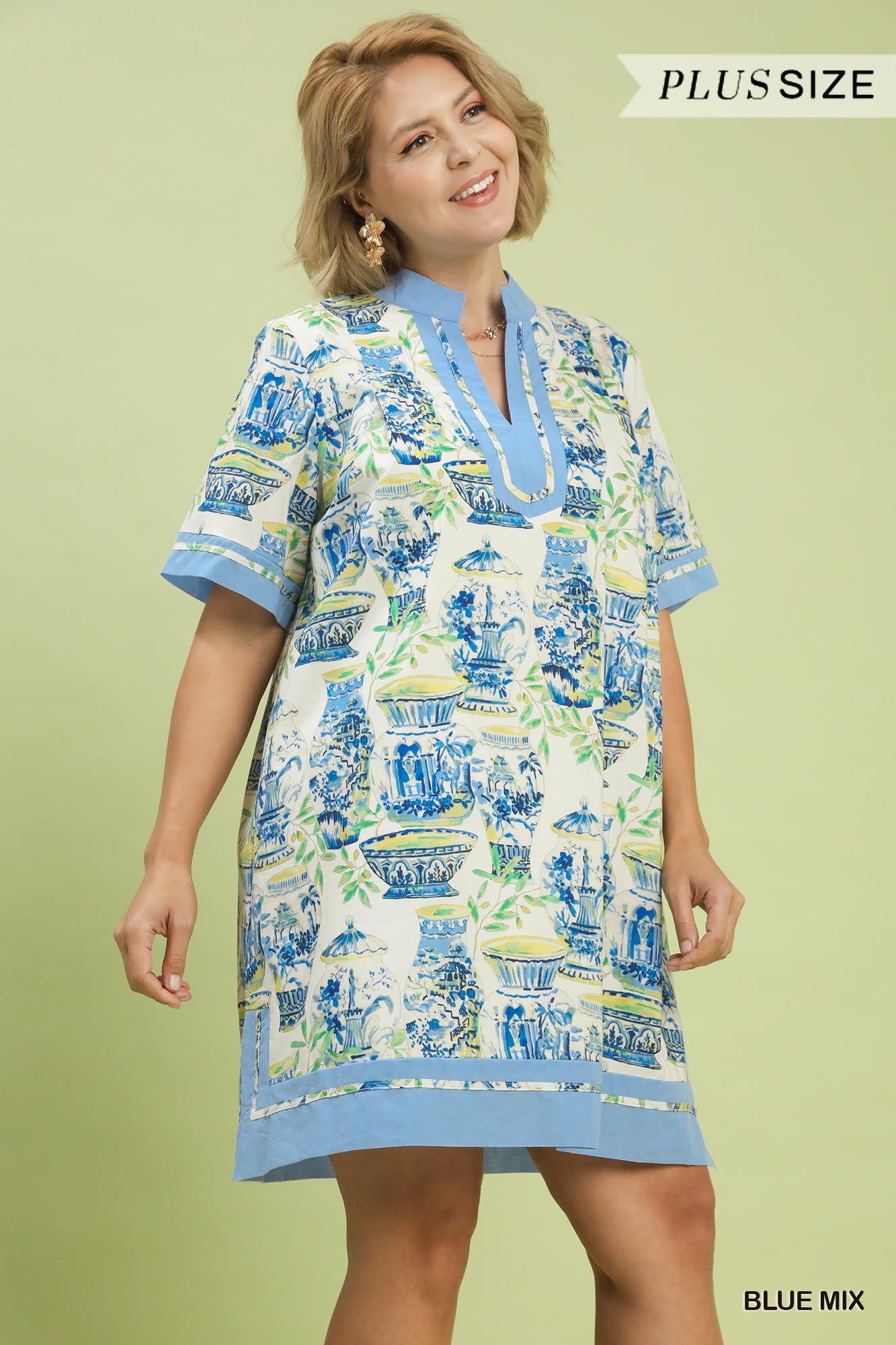 Umgee Curvy Abstract Print V Neck Mini Dress