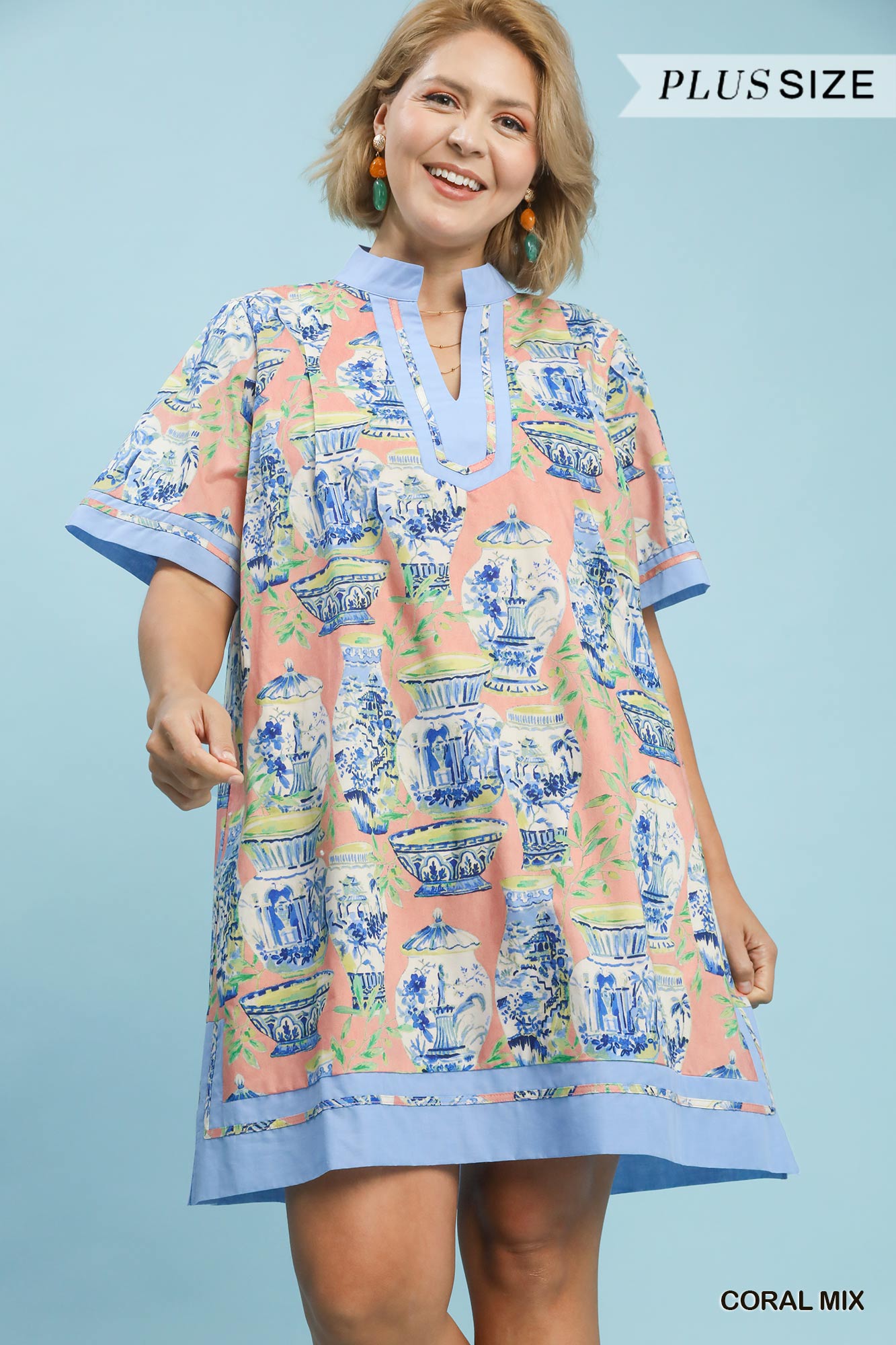 Umgee Curvy Abstract Print V Neck Mini Dress