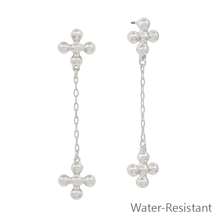 WH Water Resistant Silver Ball Shaped Cross with Chain Drop 1.5" Earring