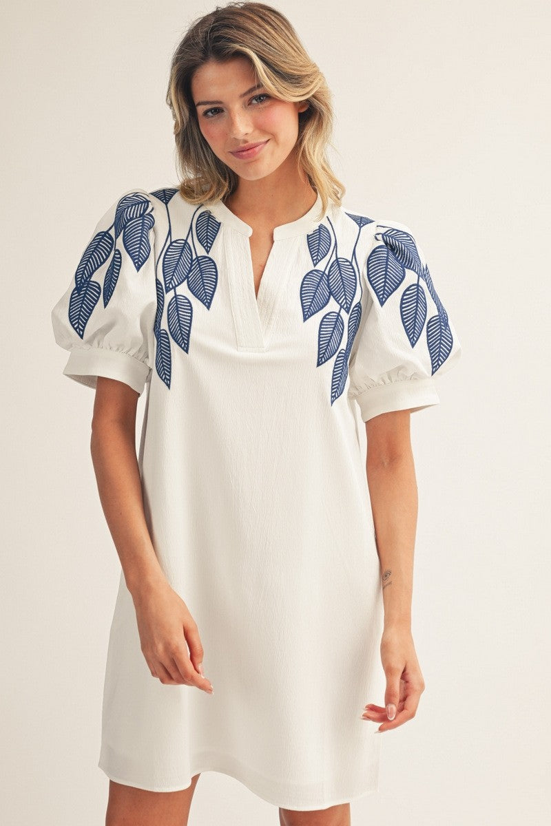 JODIFL Puff Sleeve Embroidery Detail Shirt Dress