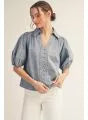 Jodifl Short puff sleeves button down washed denim top
