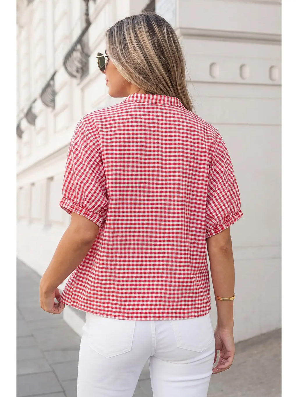 Aapparella Plaid Short Sleeve Split Neck Blouse