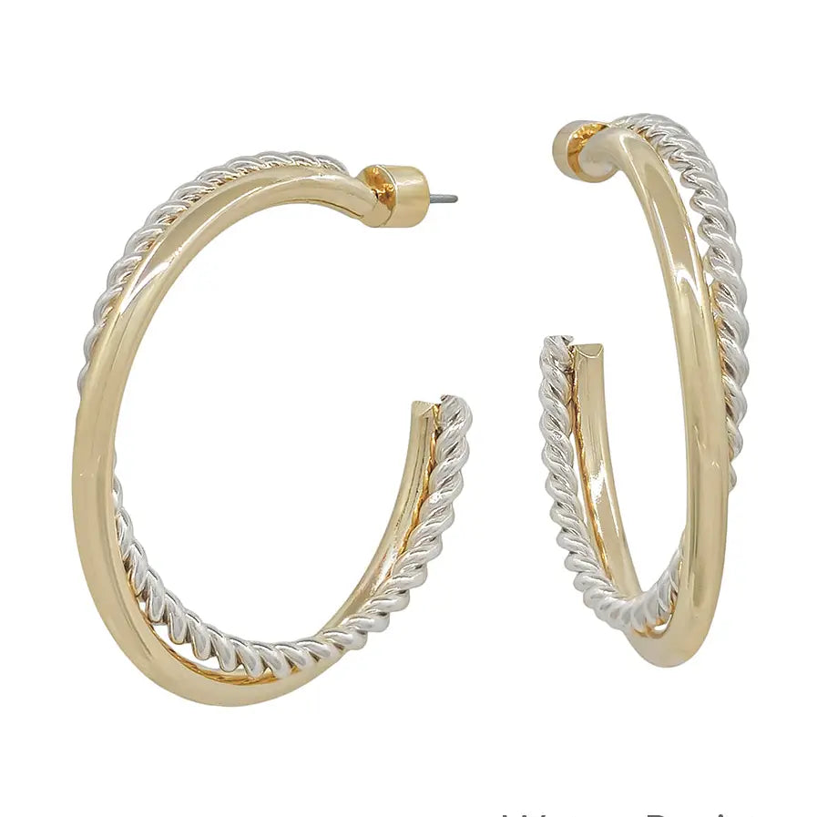 WH Water Resistant 1.5" Braided Silver and Gold Hoop Twist Earring