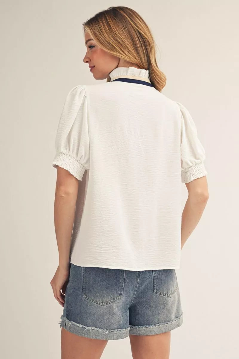 Jodifl Short Puff Sleeves Solid Crinkle Fabric Top