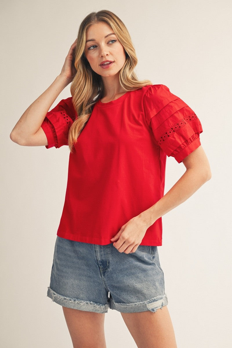 Lace Accent Puff Sleeves Solid Top