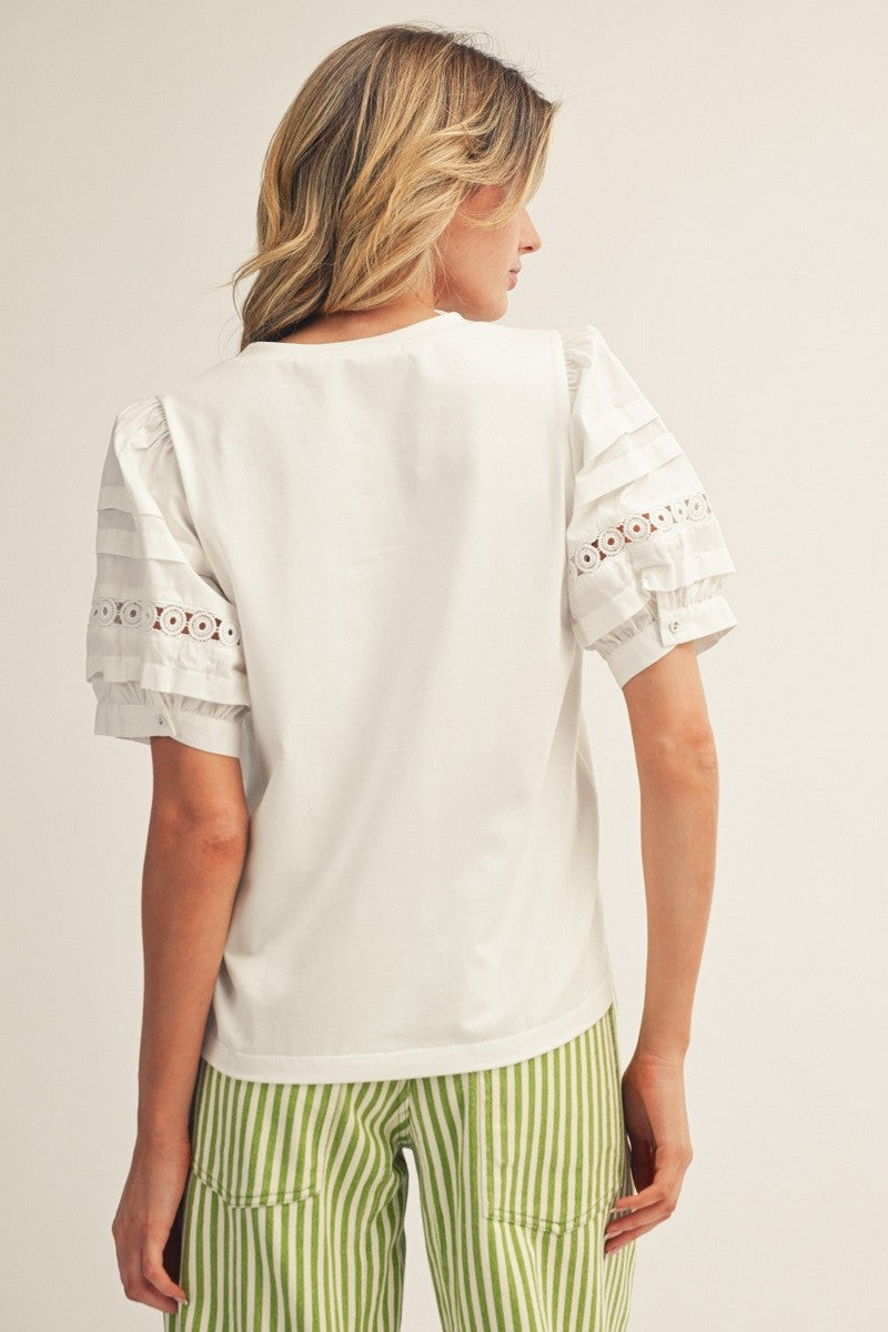 Lace Accent Puff Sleeves Solid Top