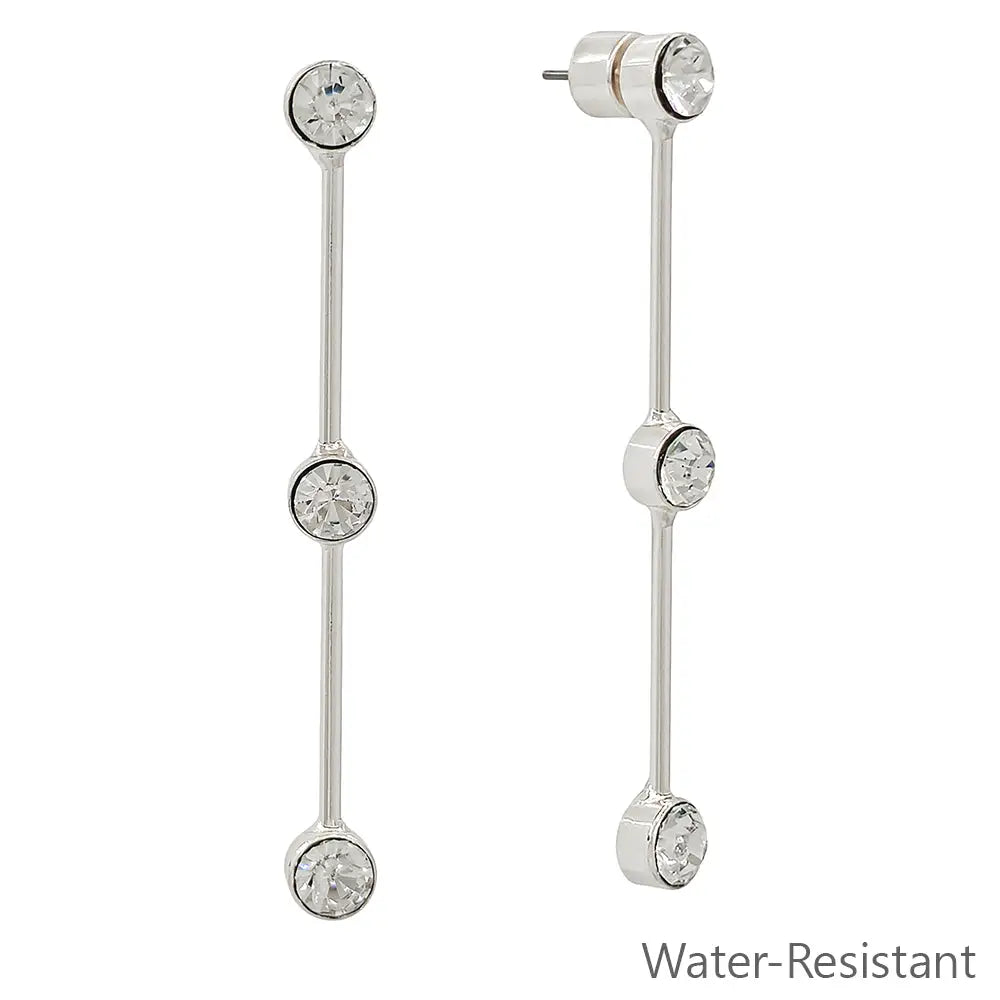 WH Water Resistant Silver Rhinestone with Silver Bar Drop 2.75" Earring