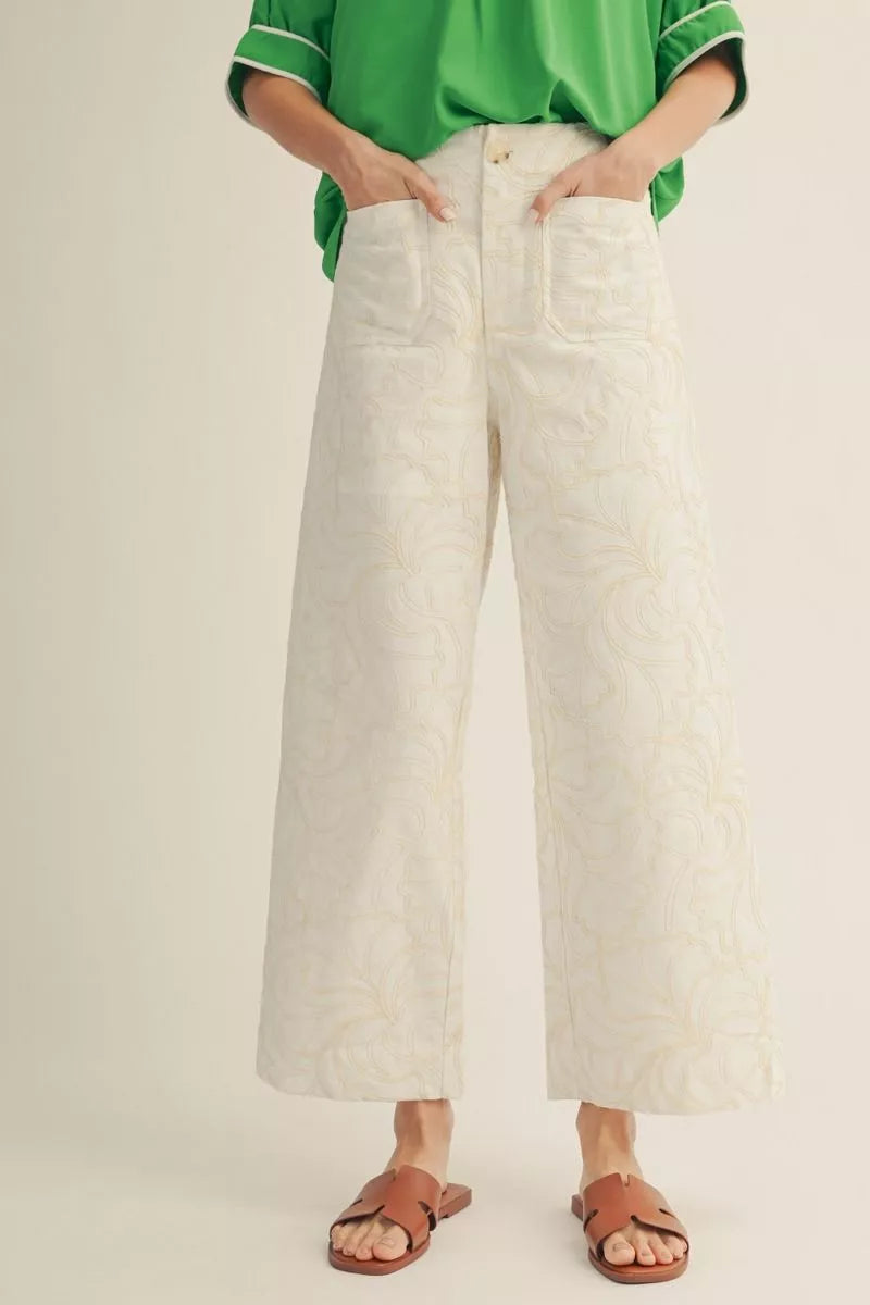 Jodifl High Waist Wide Leg Raised Embroidery Pants W/ Pockets