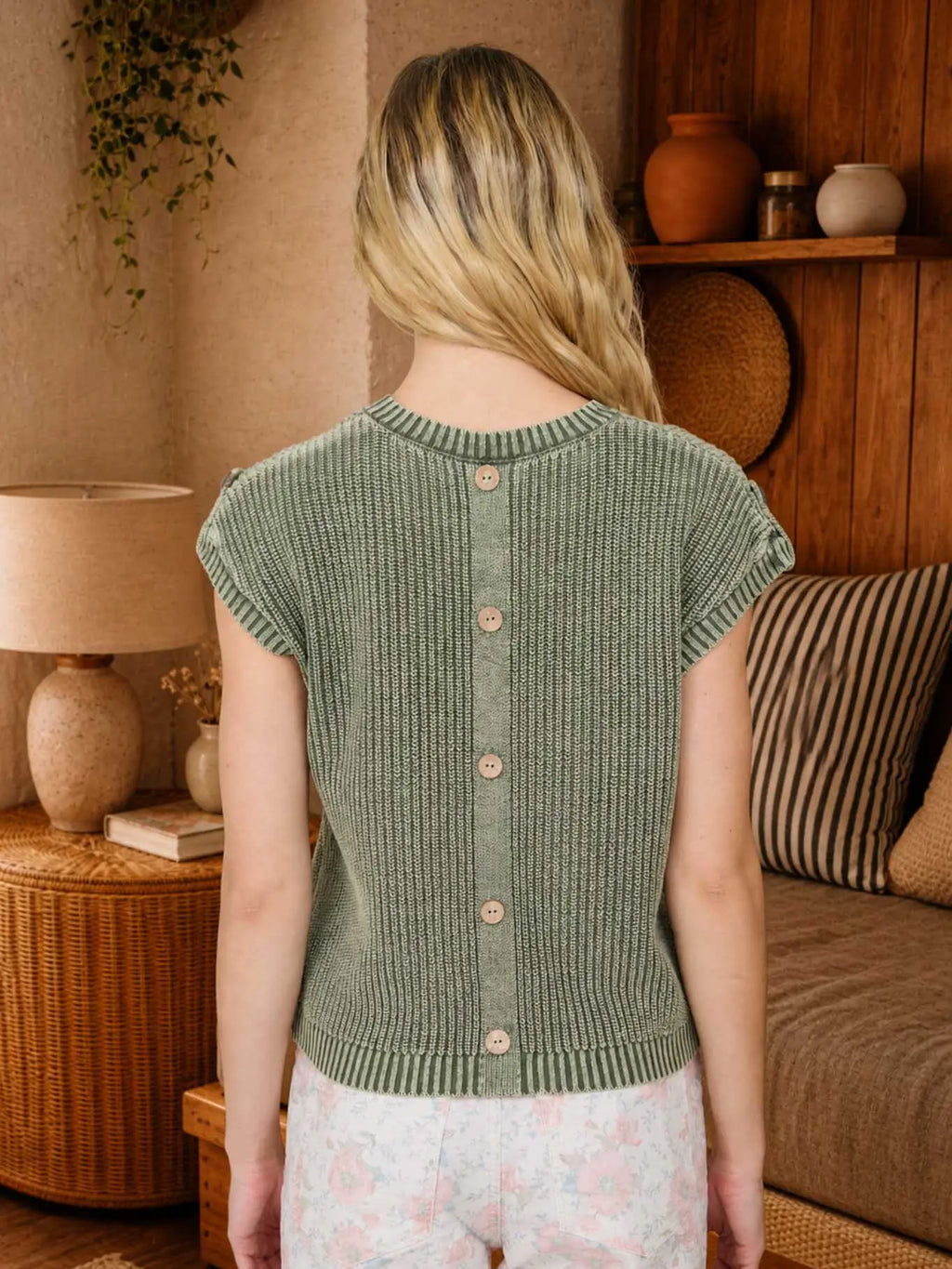 Blu Pepper Acid Washed Tab Sleeve Back Button Knit Top