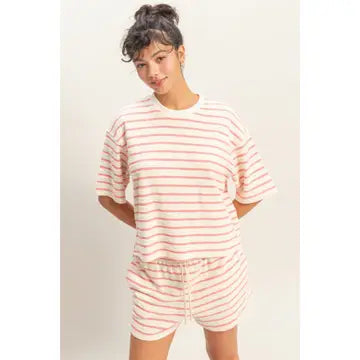 Hyfve Striped Short Sleeve Terry Crew Neck Top