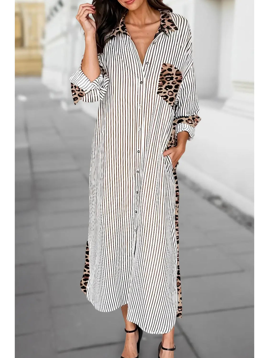 Aapparella Stripe Leopard Patchwork Long Shirt Dress