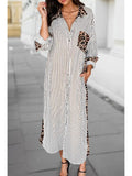 Aapparella Stripe Leopard Patchwork Long Shirt Dress
