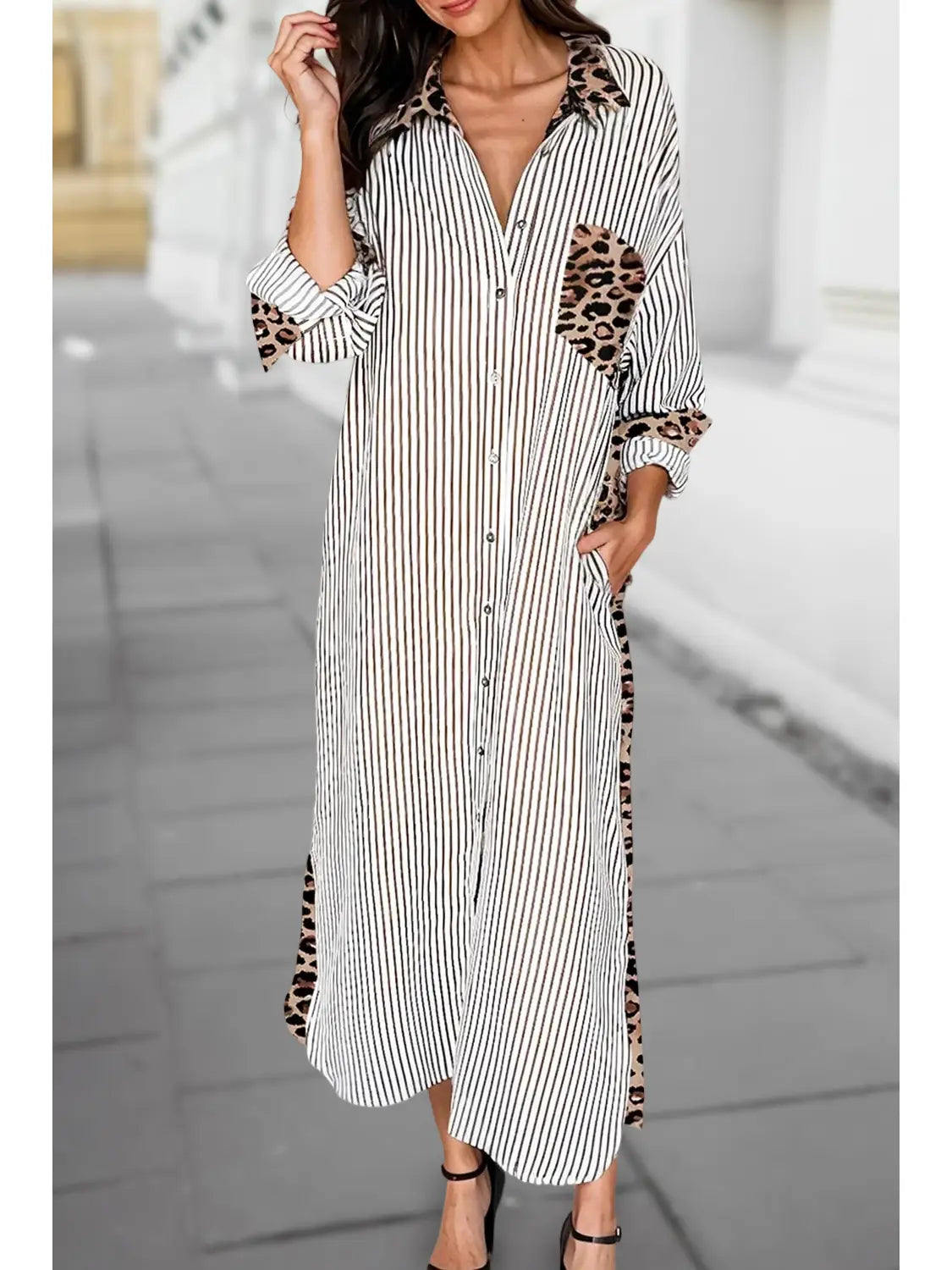 Aapparella Stripe Leopard Patchwork Long Shirt Dress
