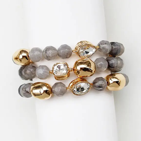 WH Grey Stone and Gold Set of 3 with Rhinestone Accent Stretch Bracelets