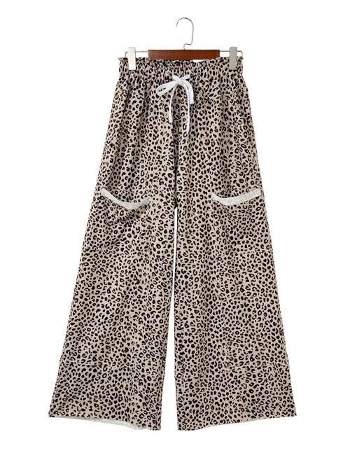 Aaparella Leopard Print Wide Leg Terry Knit Pants