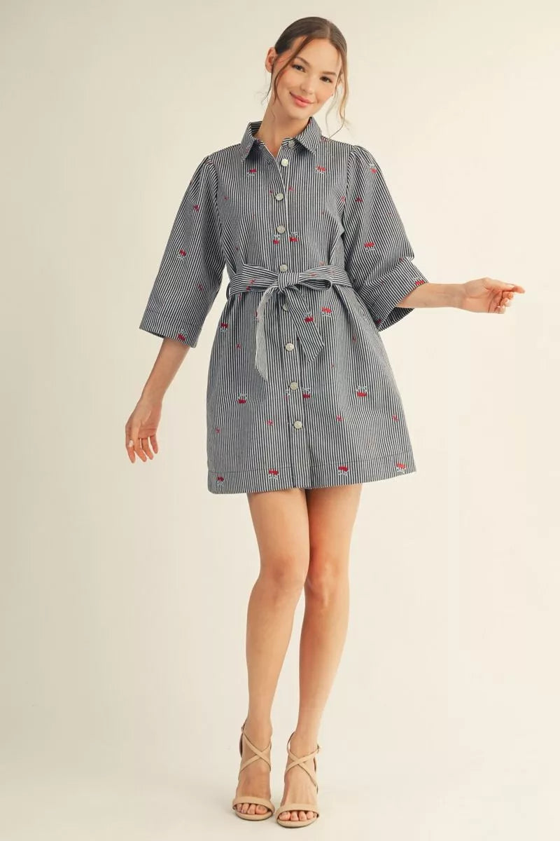 Jodifl Sleeves Button Down Stripe Dress with Cherry Embroidery