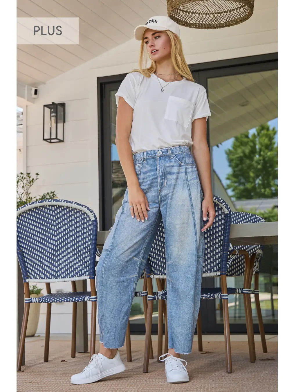 Oddi Plus Illusion Faux Denim-Like Printed Barrel Pants