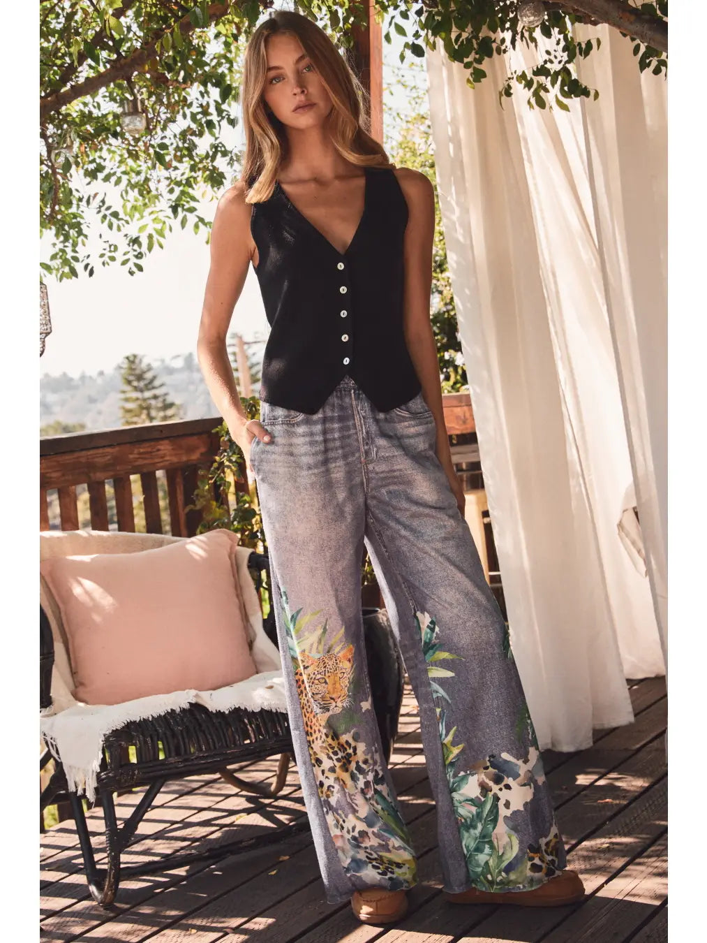 Oddi Plus Denim-Look Sublimation Printed Wide Leg Pants