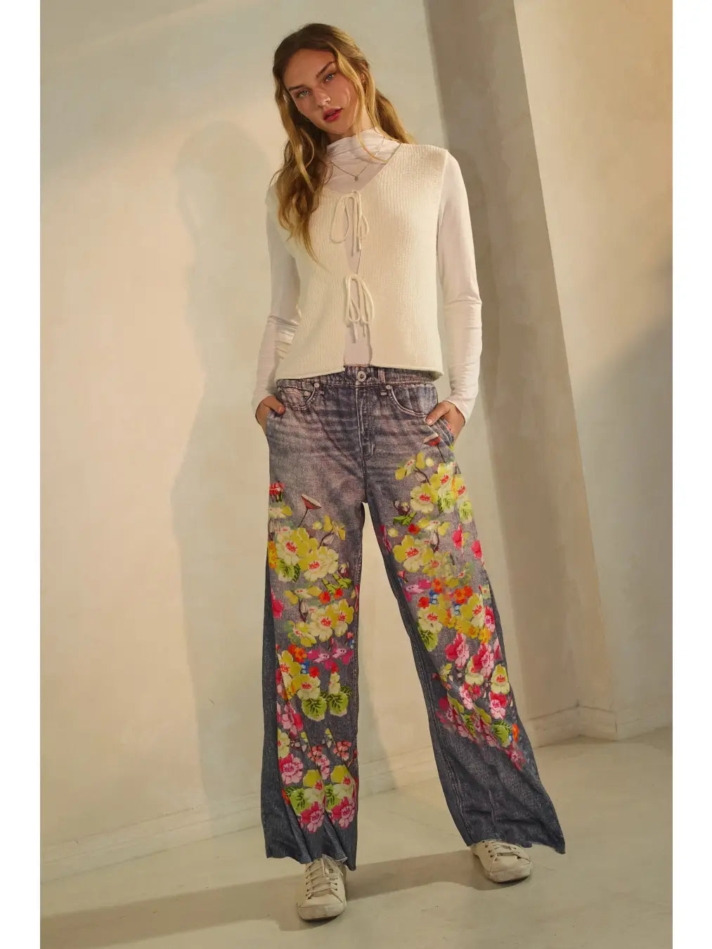 Oddi Plus Floral & Faux Denim Printed Wide Pants