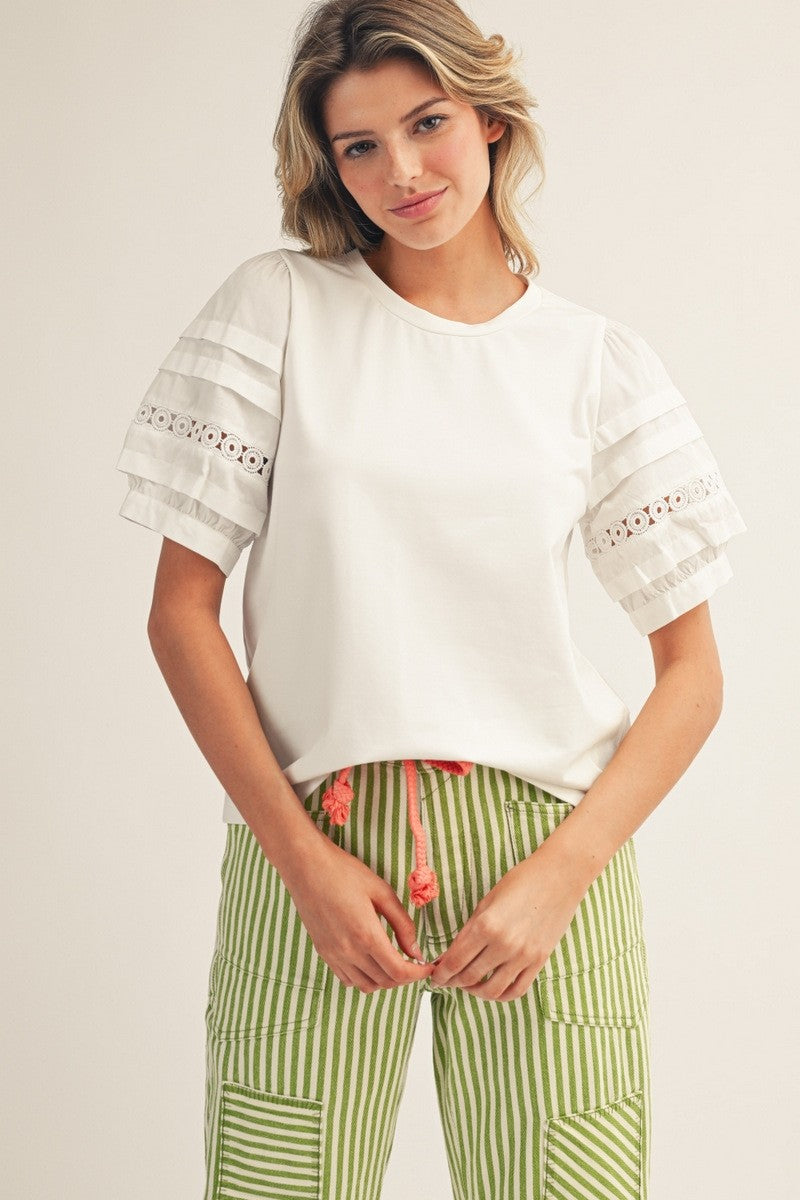 Lace Accent Puff Sleeves Solid Top