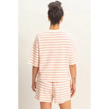 Hyfve Striped Short Sleeve Terry Crew Neck Top