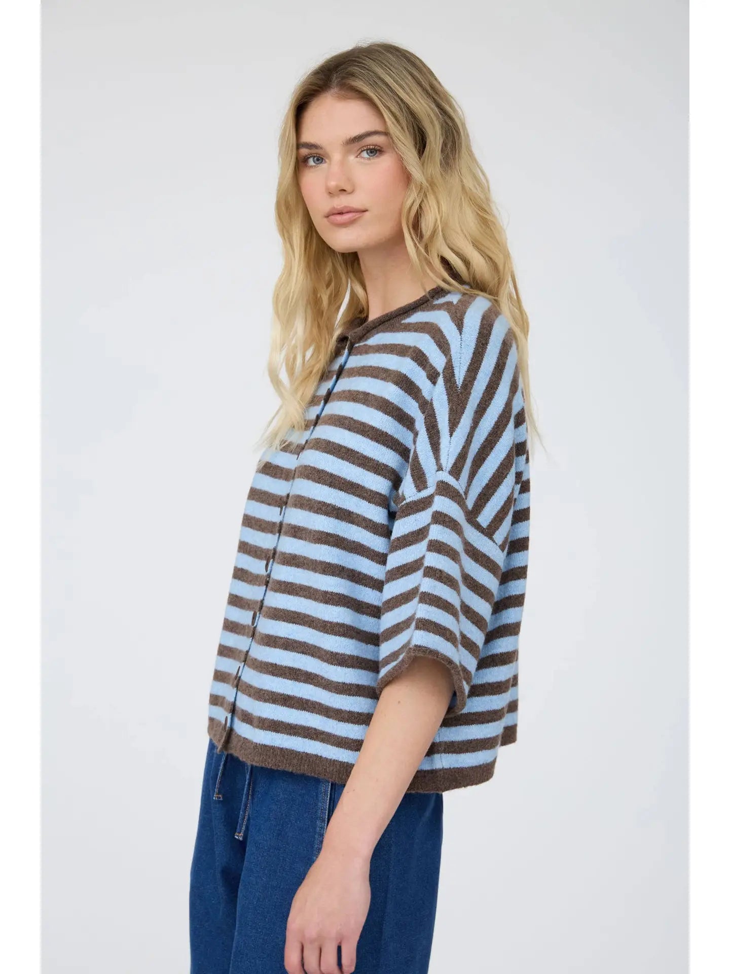 Blu Pepper Stripe Raw Edge Short Sleeve Button Down Cardigan