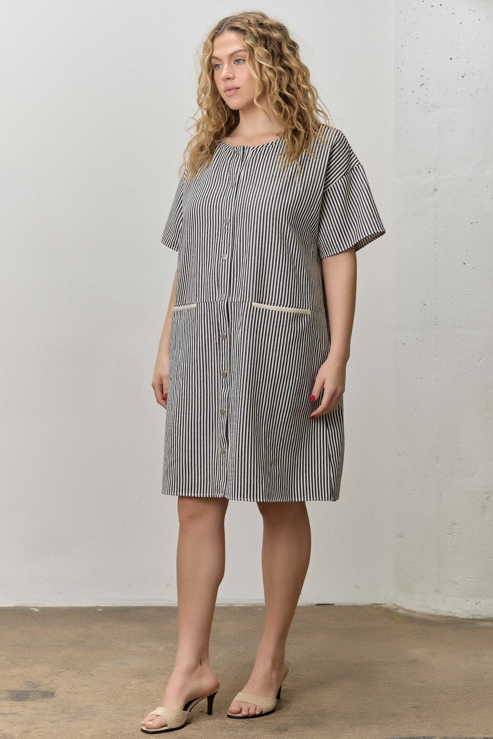Polagram Curvy Pinstripe Button Up Dress