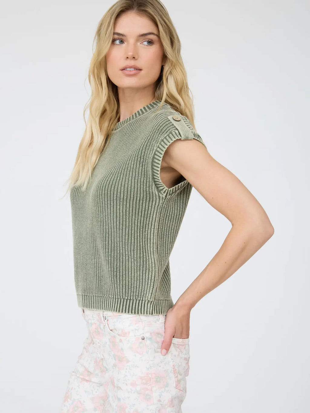Blu Pepper Acid Washed Tab Sleeve Back Button Knit Top
