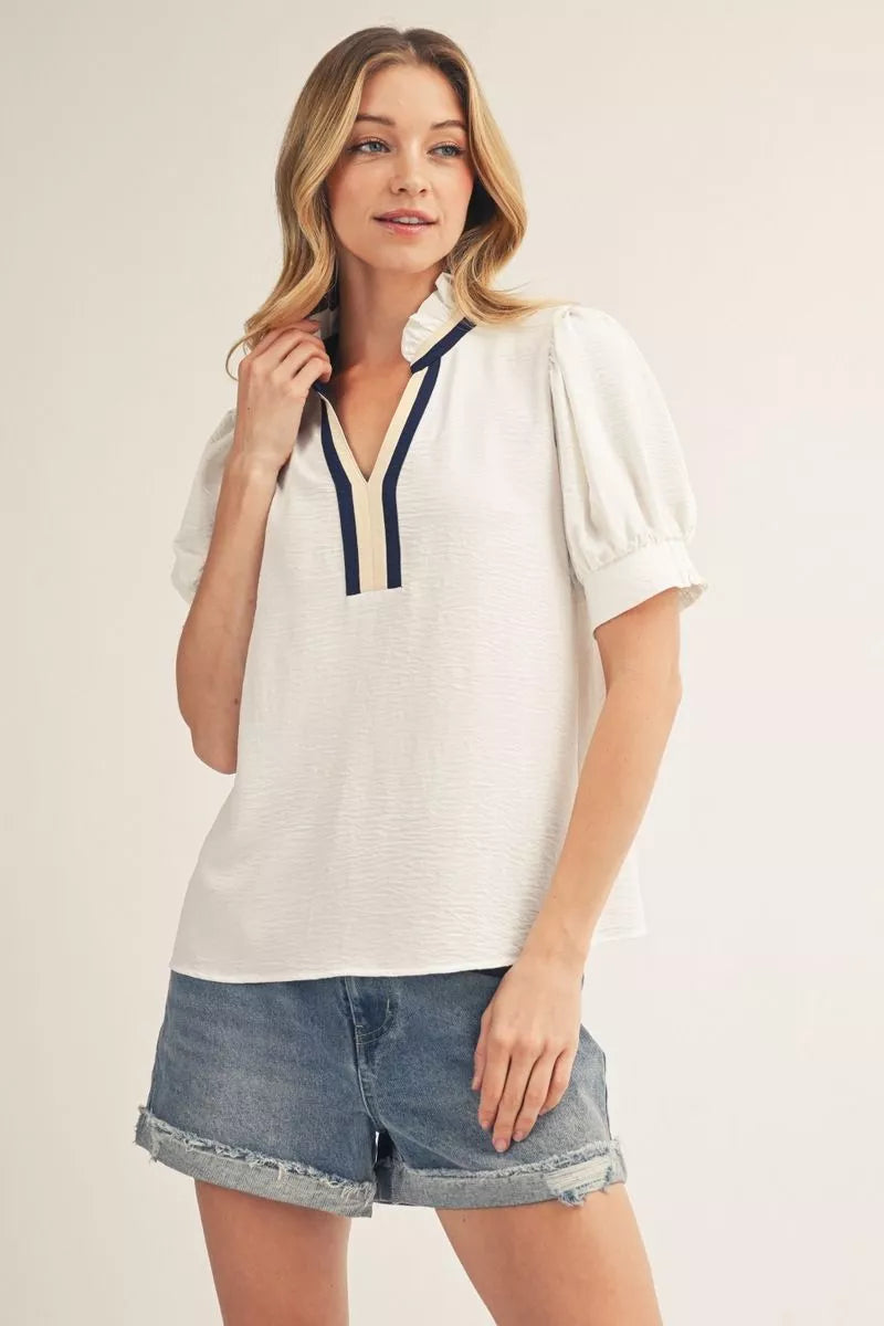 Jodifl Short Puff Sleeves Solid Crinkle Fabric Top