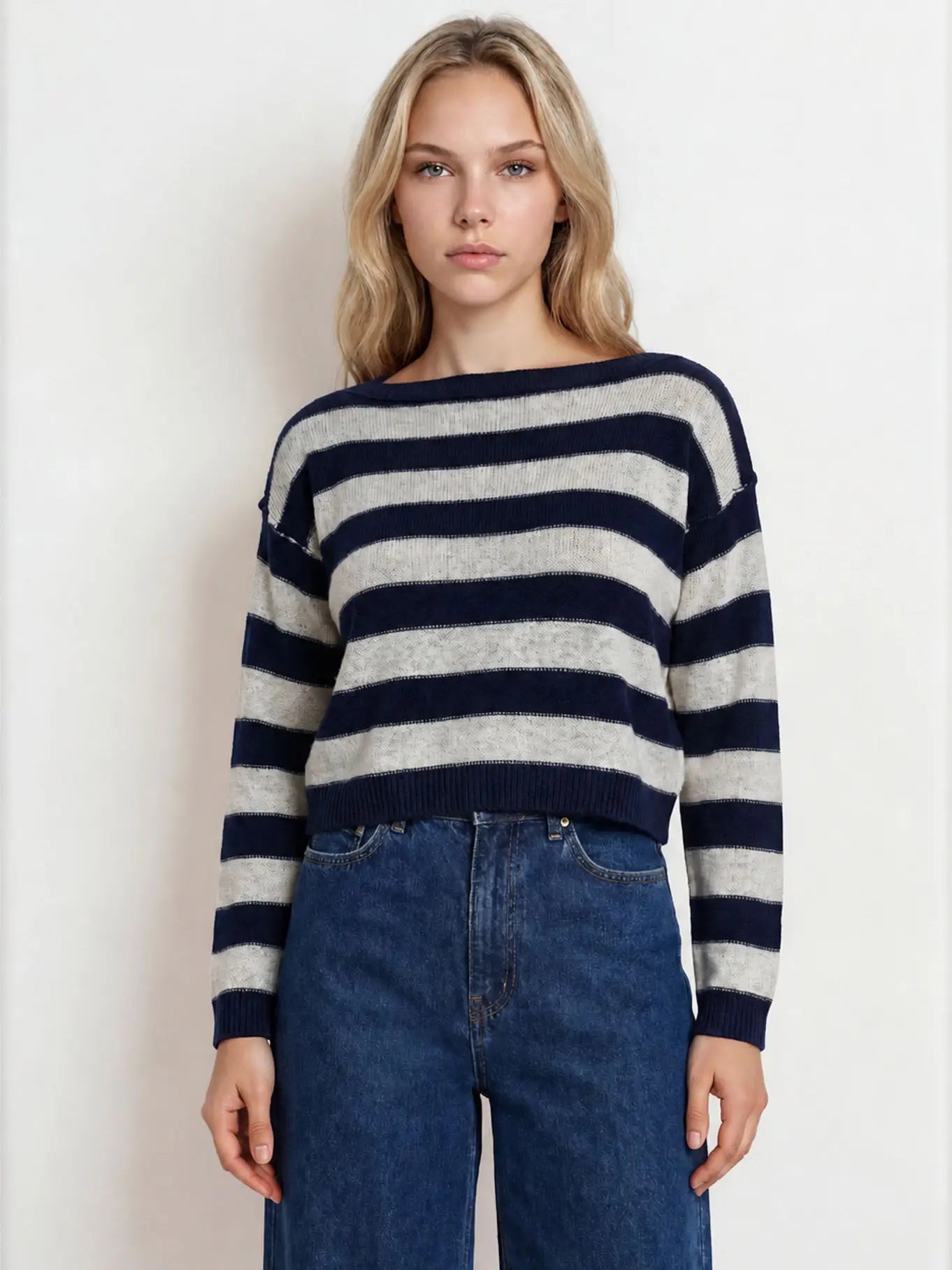 Blu Pepper Stripe Exposed Seam Long Sleeve Cropped Sweater