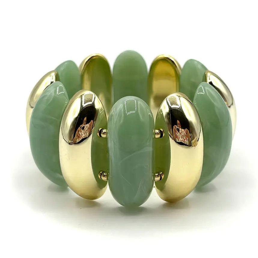 WH Wide Gold and Green Acrylic Stretch Bracelet
