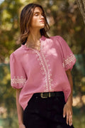 Oddi Solid Embroidered Short Bubble Sleeve Blouse