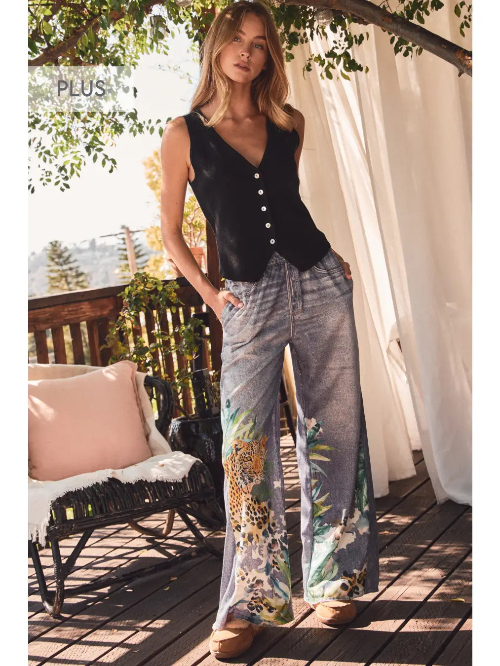 Oddi Plus Denim-Look Sublimation Printed Wide Leg Pants