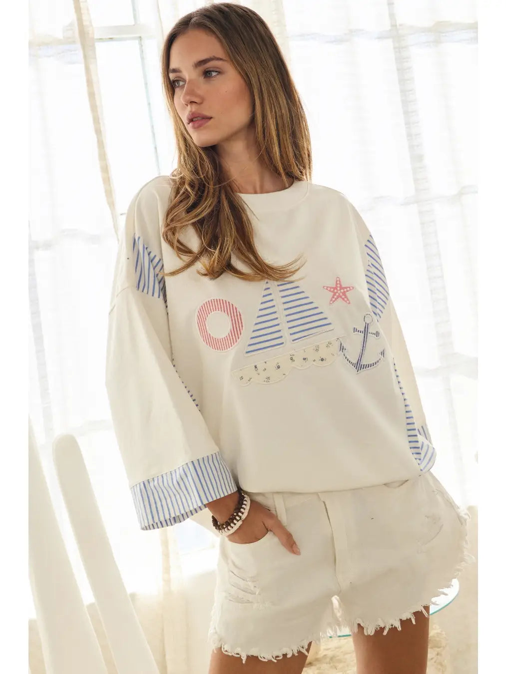 Oddi Sailboat Graphic Sweatshirt Stripe Sleeve