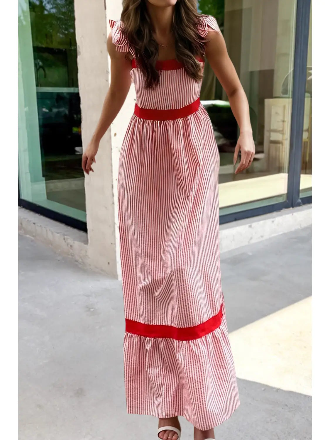 Aapparella Stripe Bow Knot Straps Contrast Trim Maxi Dress