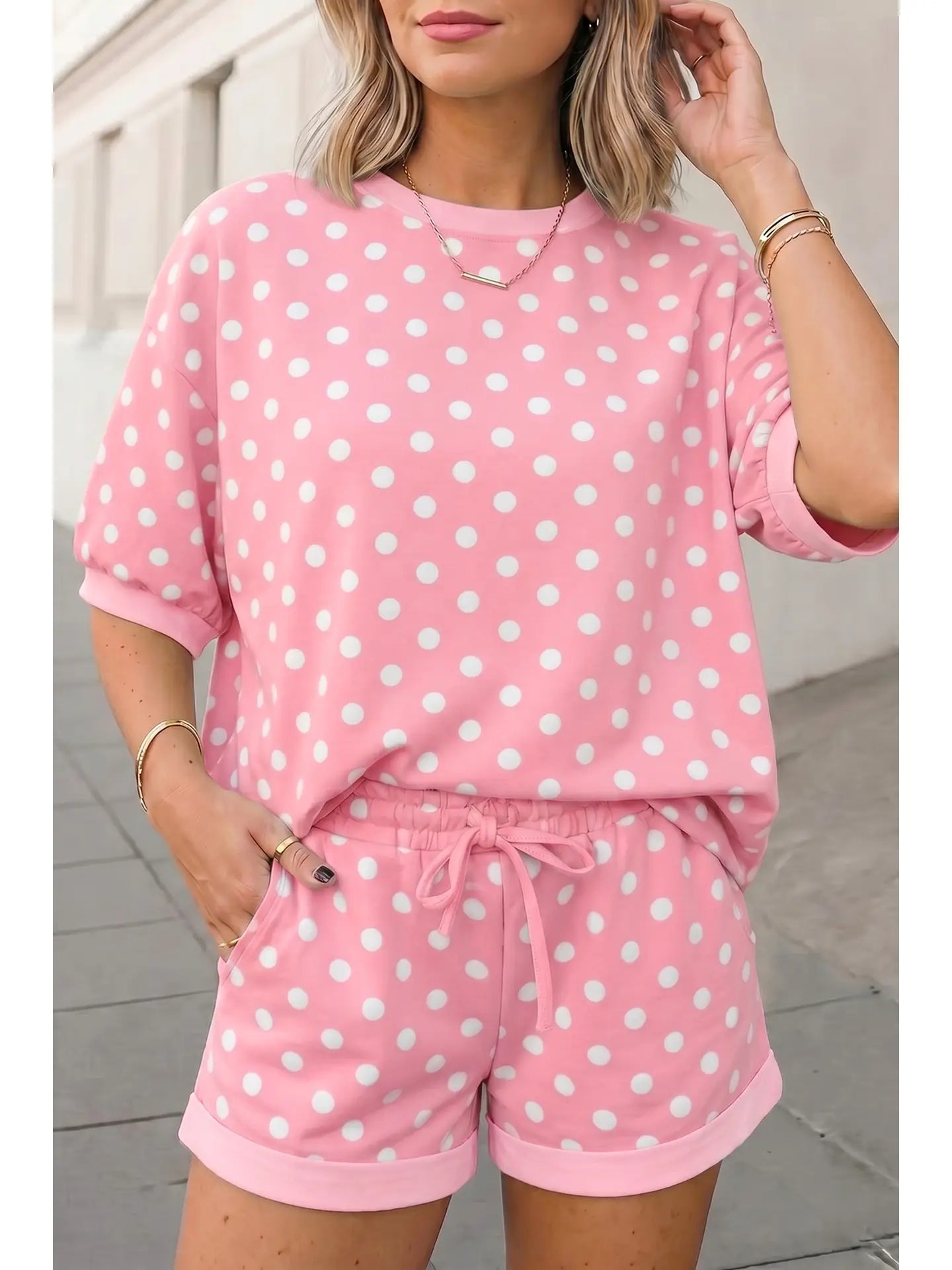 Aapparella Polka Dots Print Half Sleeve Top Shorts Set