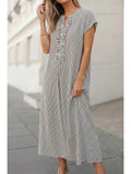 Aapparella Stripe Frilled Detail Half Buttons Maxi Dress