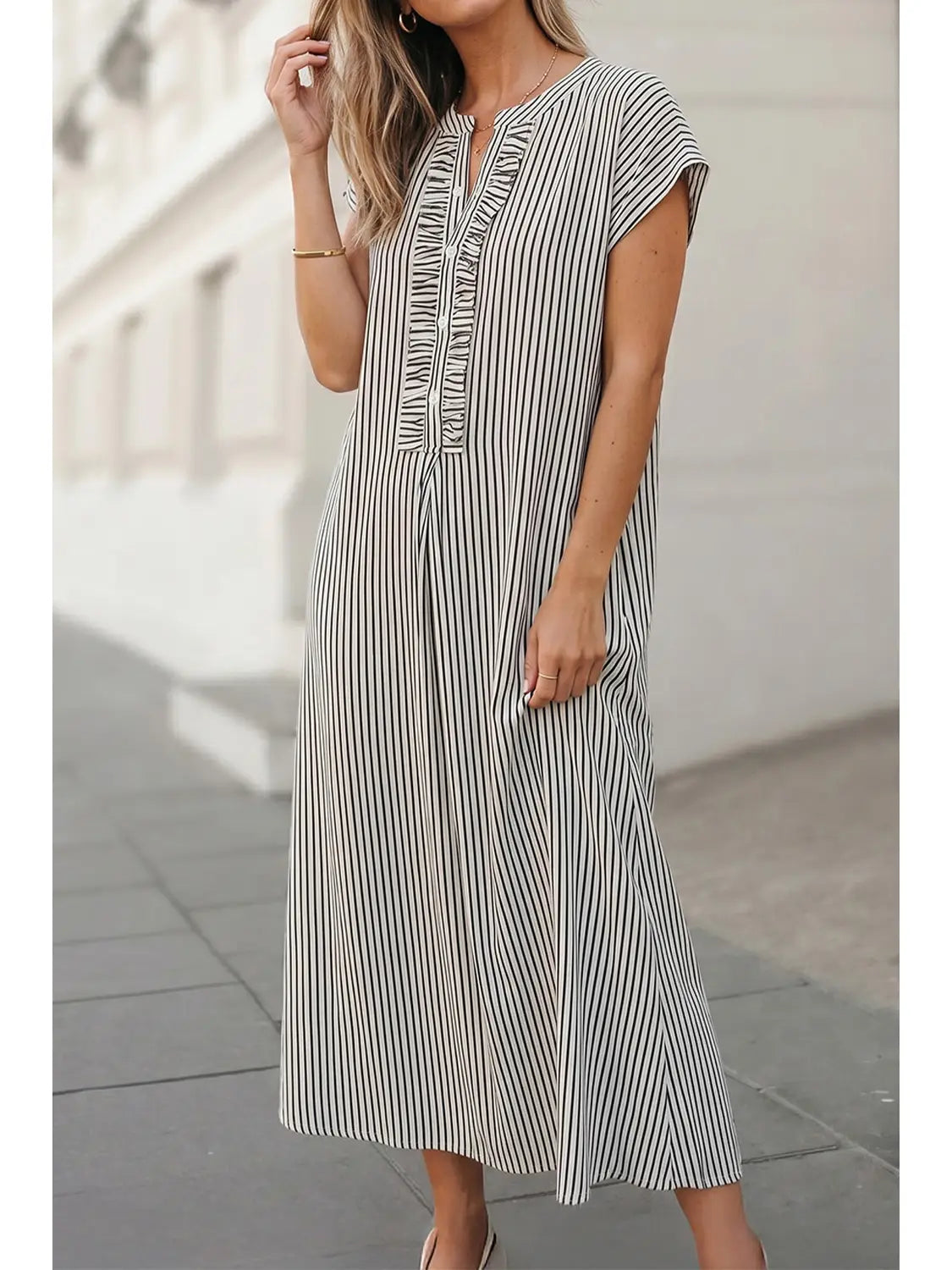 Aapparella Stripe Frilled Detail Half Buttons Maxi Dress