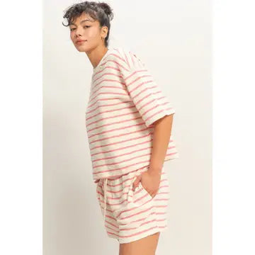 Hyfve Striped Short Sleeve Terry Crew Neck Top