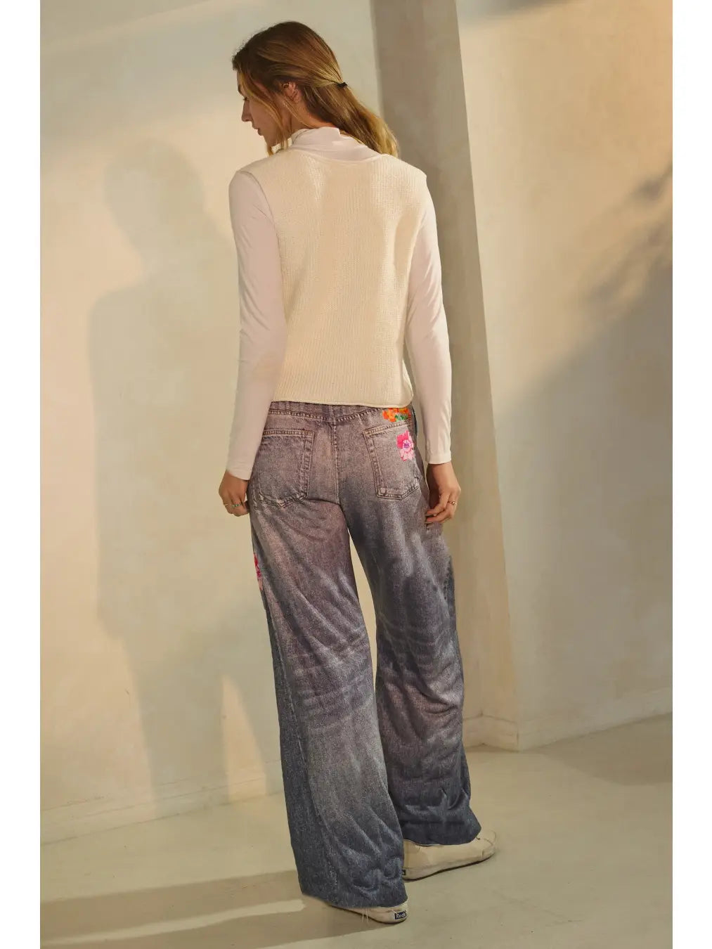 Oddi Plus Floral & Faux Denim Printed Wide Pants