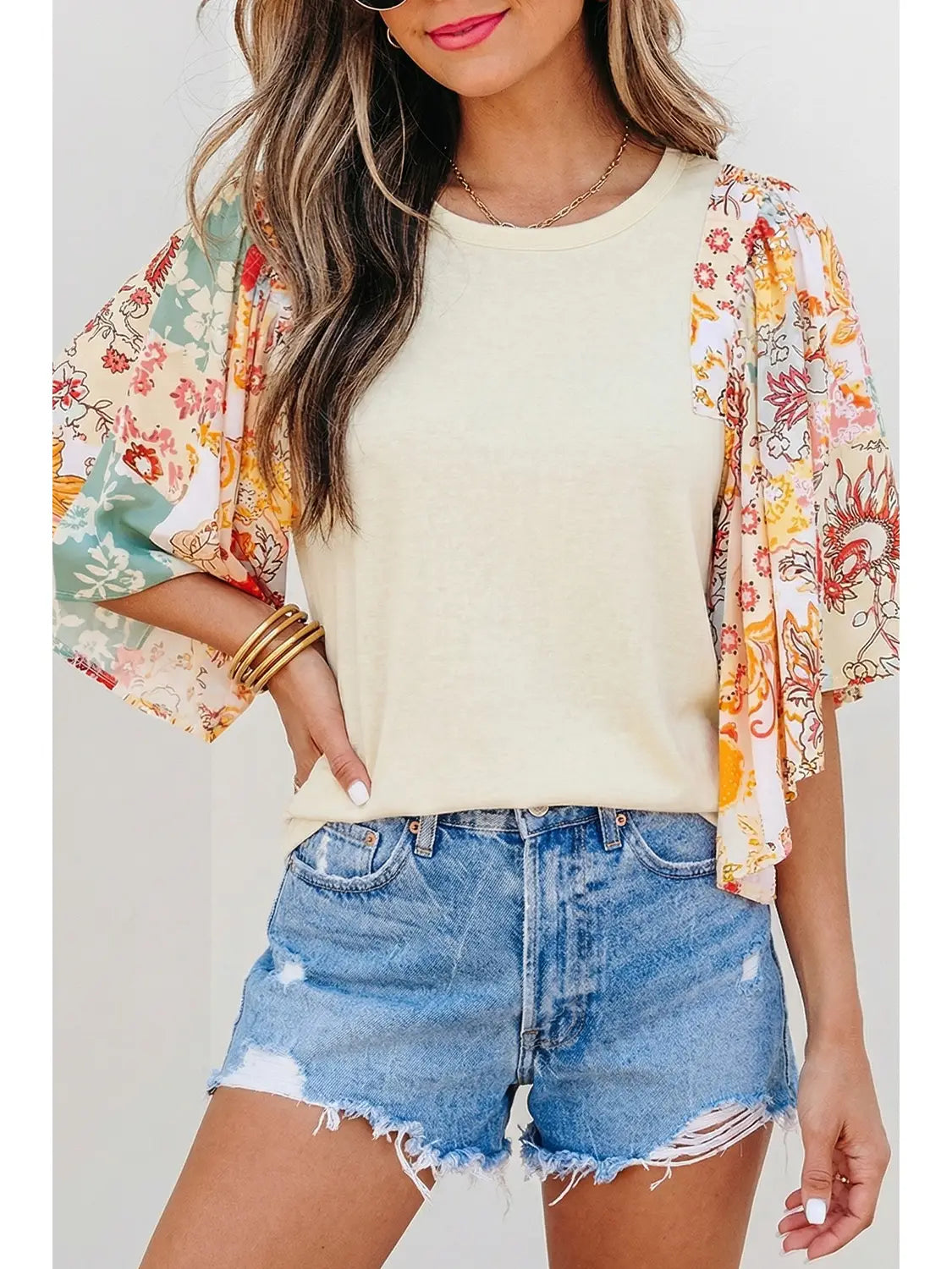 Aapparella Floral Patchwork Half Batwing Sleeve Blouse