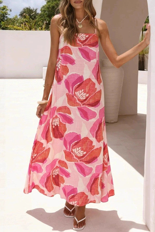 Sundayup Floral Print Strap Linen Maxi Dress