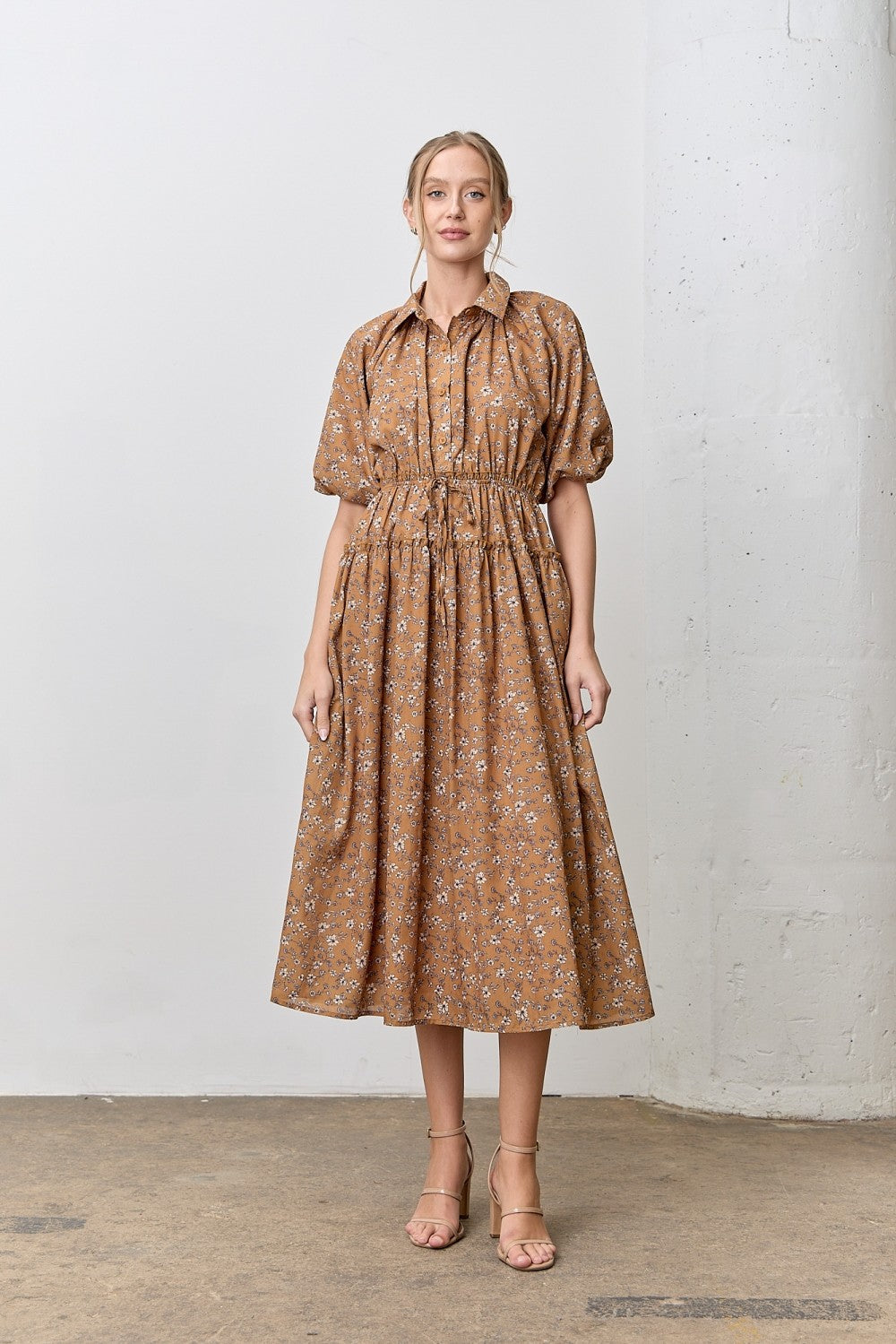 Polagram Floral Print Collared Bubble Sleeve Midi