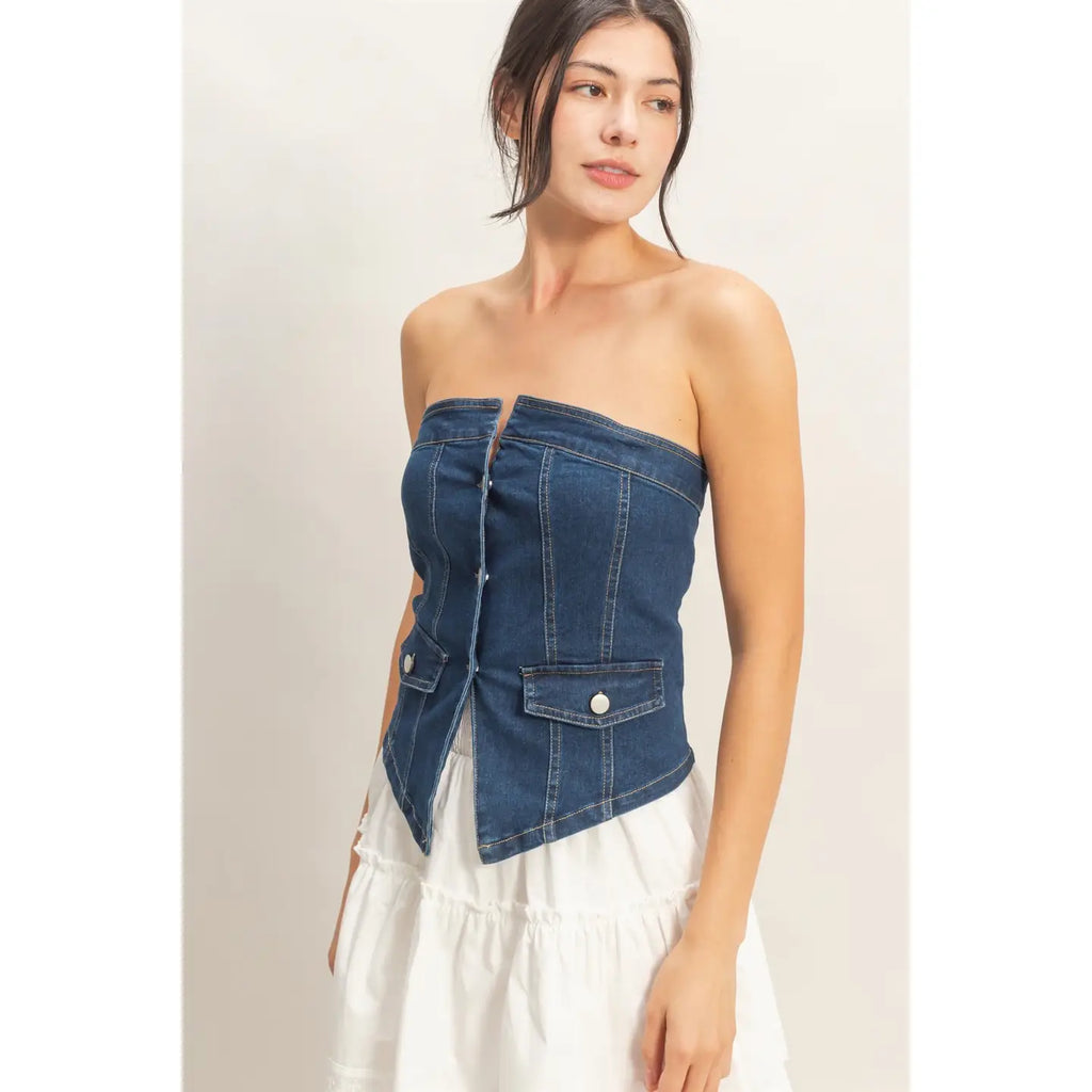 Hyfve Strapless Button Up Denim Top
