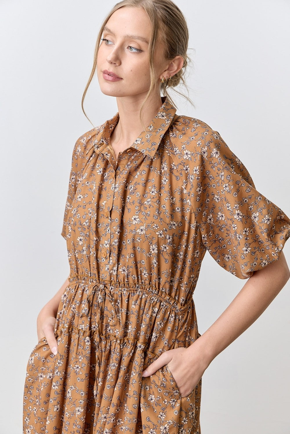 Polagram Curvy Floral Print Collar Bubble Slv Midi