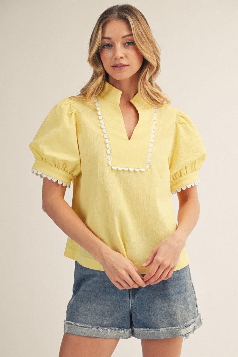 Jodifl Scallop Trim Accent Solid Crinkle Top