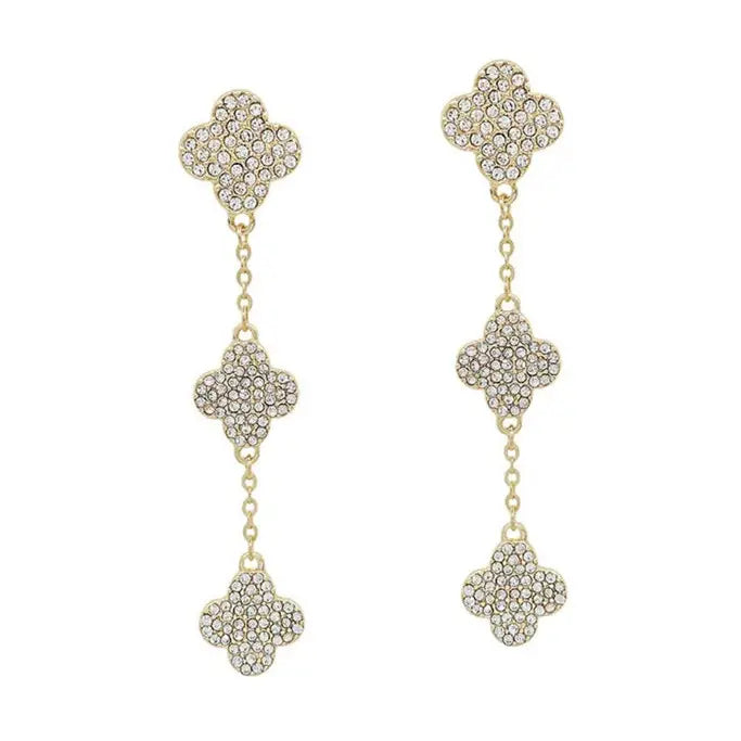 WH Triple Drop Gold Rhinestone Clover 2" Earring